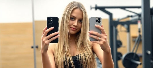 Happy woman talking a selfie with two phones looking at a mirror