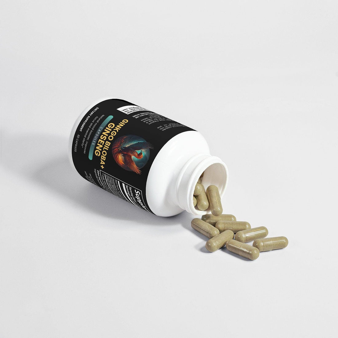 An opened bottle of Gingko Biloba & Ginseng supplements with pills spread on a white surface