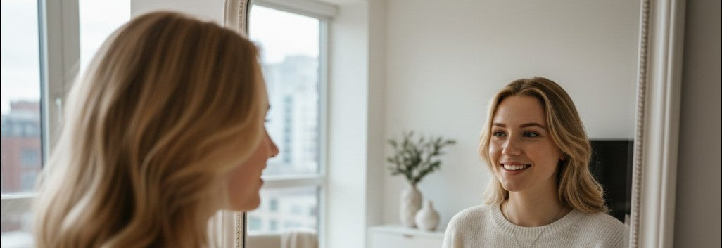 Woman smiling at her reflection in a mirror in a bright room with large windows.