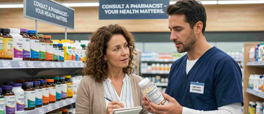 A woman in a pharmacy taking notes while talking to a dietary advisor.