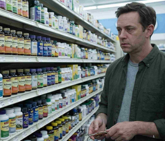 A man in a pharmacy aisle looking at a wide selection of sleeping supplements