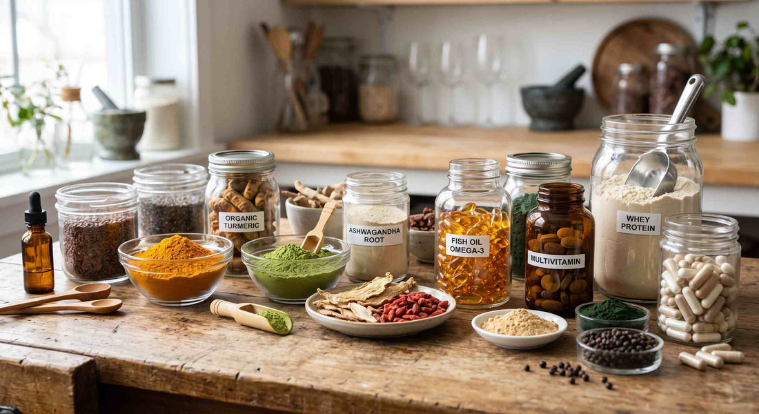 Kitchen table with jars containing dietary supplement ingredients