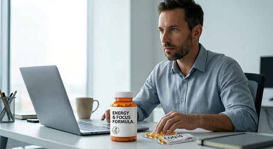 Man on his desk searching for supplements on his laptop