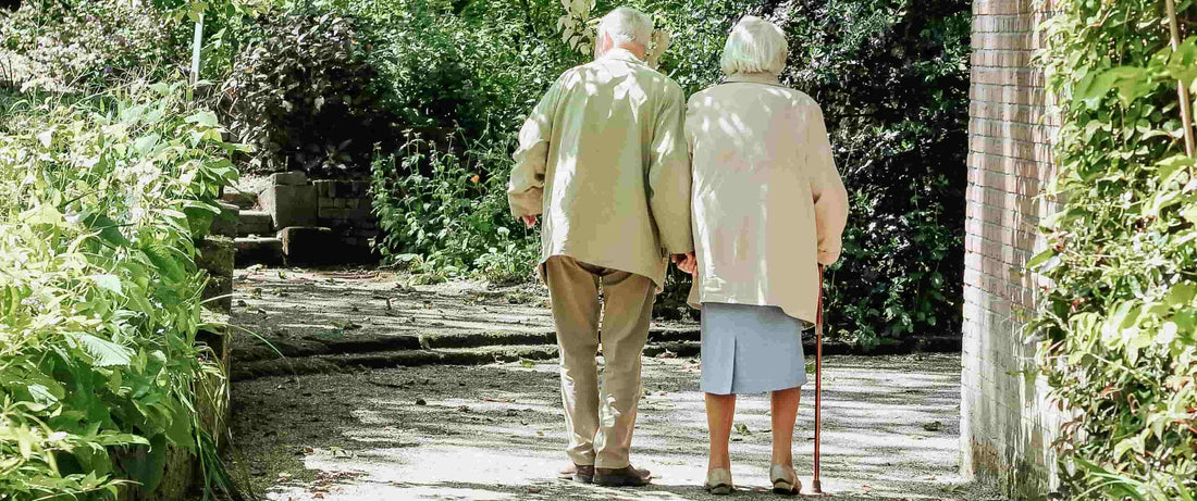 Elderly couple of man and woman with a cane walking in a trail at a park