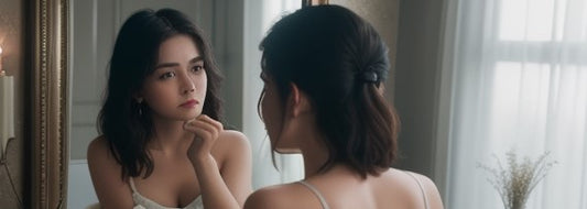 Woman looking at herself in a vanity mirror after taking collagen supplements
