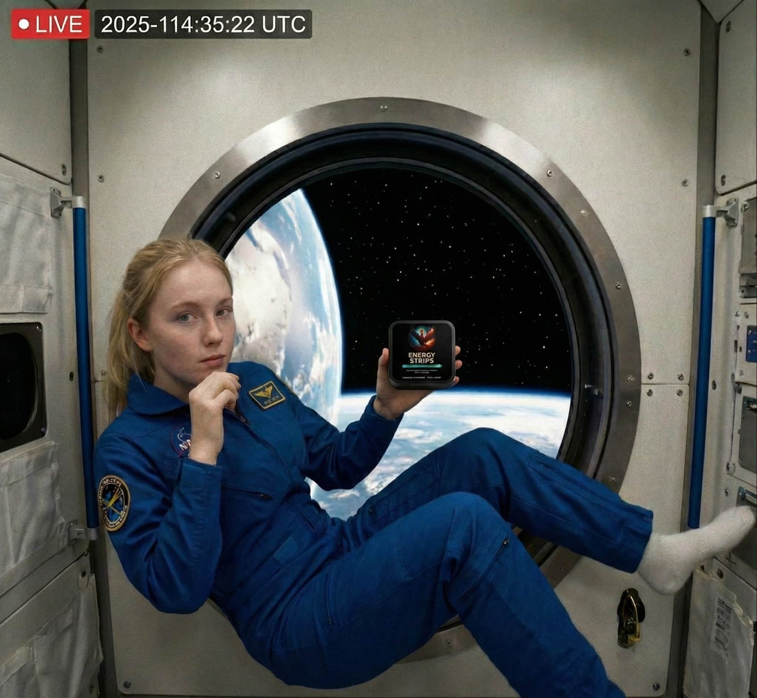Female astronaut holding an energy strip supplement