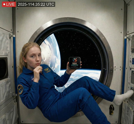 Female astronaut holding an energy strip supplement