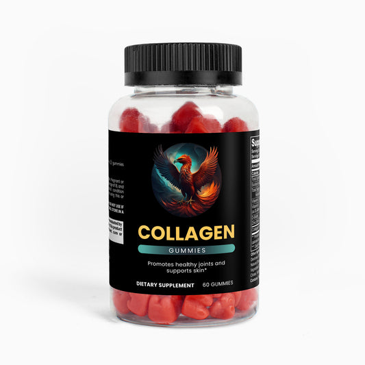Bottle of collagen gummies with a black label on a white background