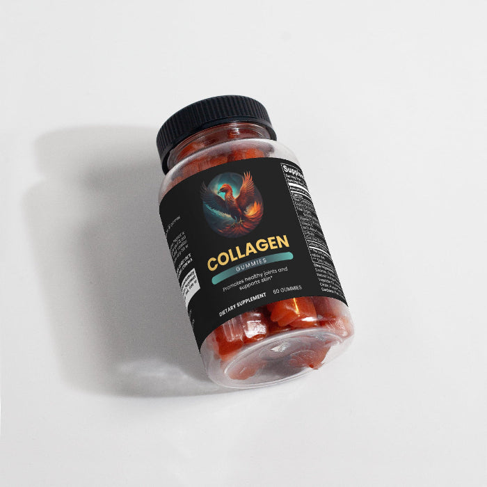 Jar of collagen gummies on a light gray background