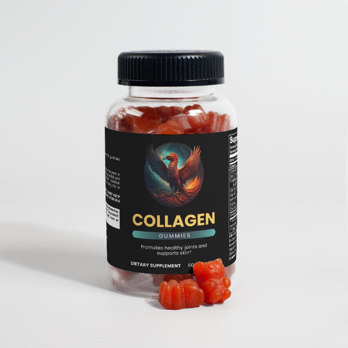 Bottle of collagen gummies with a label on a light gray background